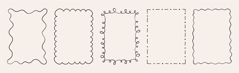 Set of decorative hand drawn doodle rectangle frames. Simple and elegant outlines featuring wavy, curly, and dashed lines. Perfect for designing cards, invitations, and creative projects.