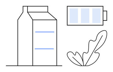 Milk carton, battery, and leaf highlight eco-friendly lifestyle and renewable energy. Ideal for sustainability, energy conservation, green living, nutrition, minimalism, environmental awareness