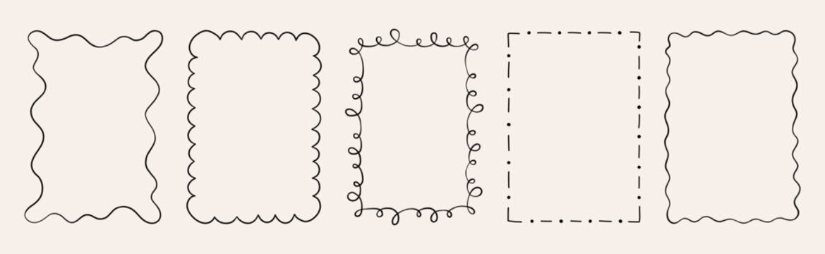 Set of decorative hand drawn doodle rectangle frames. Simple and elegant outlines featuring wavy, curly, and dashed lines. Perfect for designing cards, invitations, and creative projects.
