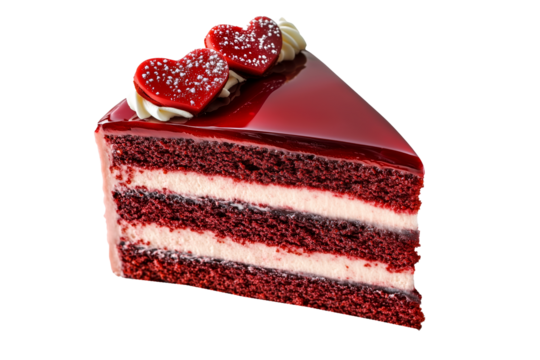 A slice of red velvet cake with cream filling, glossy red icing, heart decor isolated on white transparent background. Concept of dessert and love