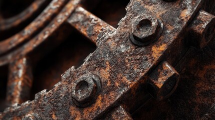 Close-up of heavily rusted metallic gear with bolts.
