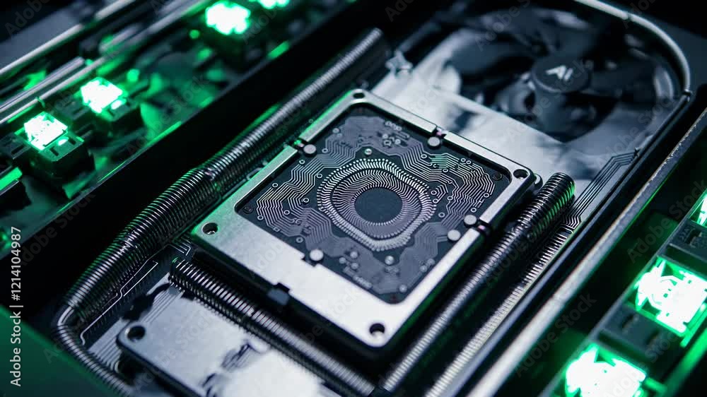 Poster exploring the intricate design of high-performance computer hardware with advanced cooling systems