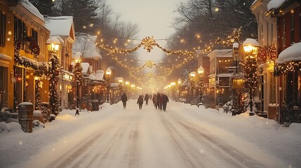 Snowy Christmas Street Festive Winter Lights Scene