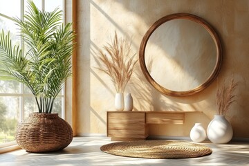 A wooden cabinet with decorative items is a feature in a modern room