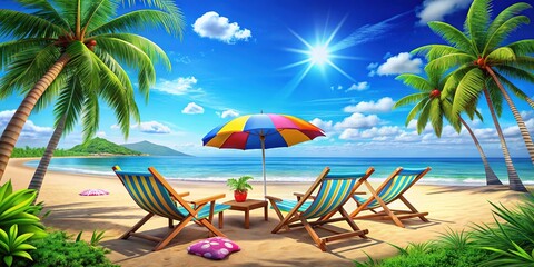 Obraz premium Tropical Beach Scene 3D Cartoon Ocean Deck Chairs