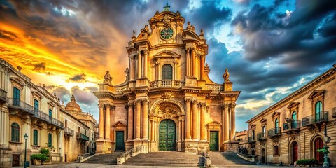 Fototapeta premium Vintage Ragusa Baroque church, Sicily, Italy. AI-enhanced photograph.