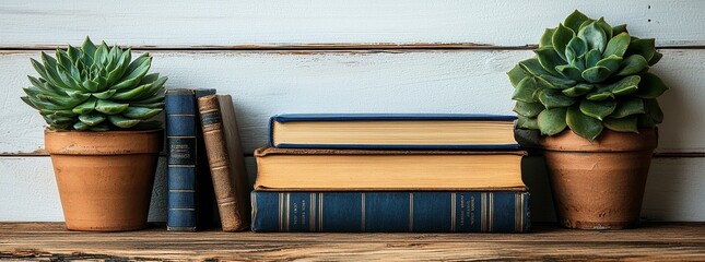 Displayed on a white shelf against a white wall are home decor and houseplants. A banner with text has space designated for it
