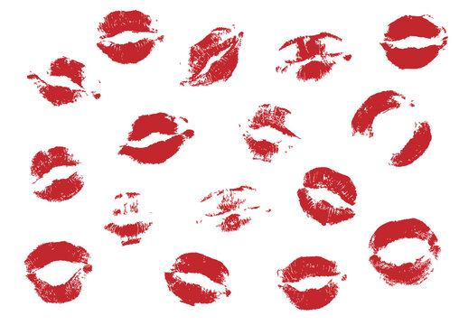 Red lipstick kiss marks pattern on white background. Print of lips kiss vector