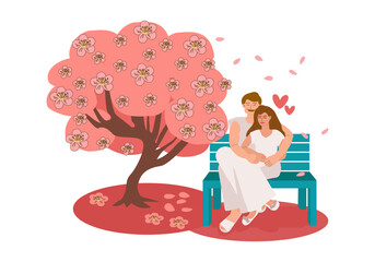Couple in love man and woman sitting hugging on bench in park near blooming sakura. Vector cartoon illustration - spring romantic background for cards, invitations, banners