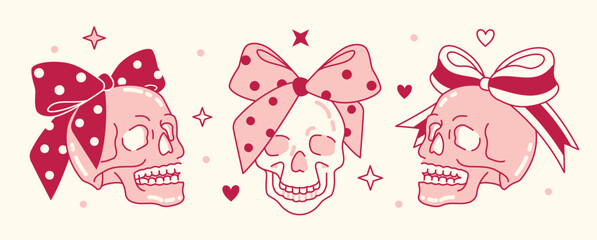 Quirky and fun skulls adorned with polka dot bows in blush pink hues. Edgy coquette aesthetics combine romantic pastel tones with bold graphic elements. Flirty creepy stickers or feminine prints