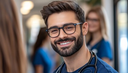 Fototapeta premium Portrait of a Confident Young Male Doctor Smiling in a Hospital, Healthcare Professional