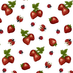 Pattern with strawberries and ladybirds.Ladybugs and ripe strawberries on a white background in a vector pattern.
