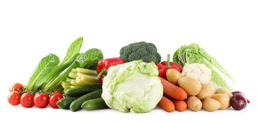 Many different ripe vegetables isolated on white