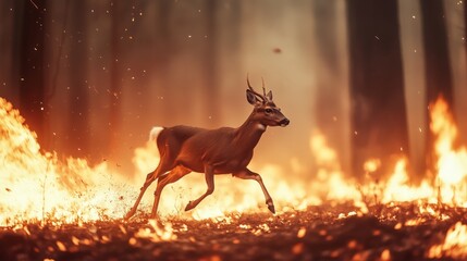 Lone deer fleeing through a forest engulfed in flames during a devastating wildfire