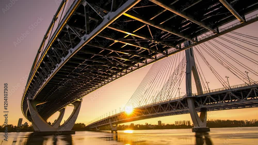 Aufkleber Sunset over the river with a stunning view of the bridge and city skyline in the background