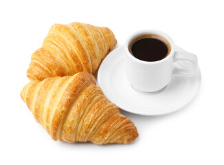 Tasty fresh croissants and cup of coffee isolated on white. Puff pastry