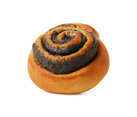 One tasty bun with poppy seeds in air isolated on white