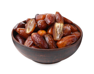 Tasty dried dates in bowl isolated on white
