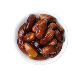 Tasty dried dates in bowl isolated on white, top view