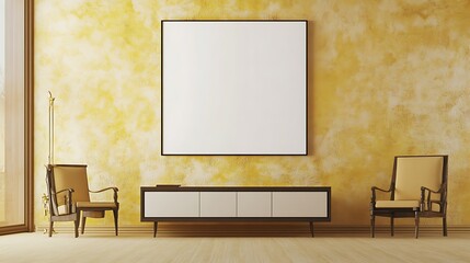 A sophisticated room showcasing a blank white frame on a beige, yellow, k wall, with a credenza providing a stylish and functional touch.