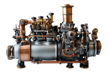 Intricate Metal Engine With Copper Pipes and Gears Isolated on transparent Background