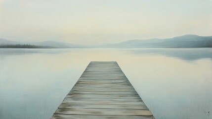 Fototapeta premium Wooden dock leading into calm, misty water, mountains.