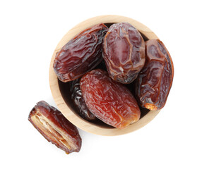 Tasty dried dates in bowl isolated on white, top view