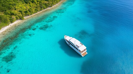 Tranquil yacht anchored in a secluded bay surrounded by clear blue waters and lush greenery during a sunny day