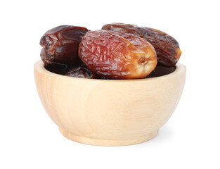 Tasty dried dates in bowl isolated on white