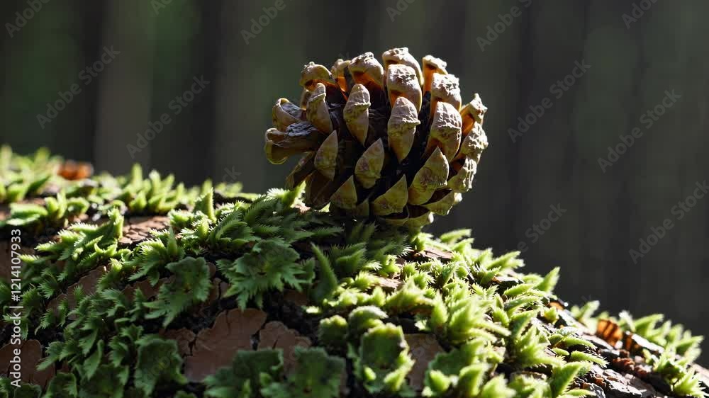 Poster nature showcases a pine cone surrounded by vibrant green moss in a serene forest setting