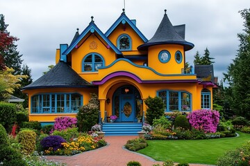 Fototapeta premium A very neat and colorful home with gorgeous outdoor landscape in suburbs of