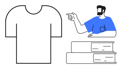 Person with a blue t-shirt pointing, beside a large outline of a t-shirt and a stack of books. Ideal for education, fashion, reading, guidance, study, minimalism learning concepts. Abstract line