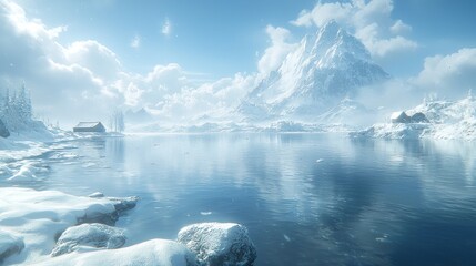 Fototapeta premium Serene Winter Landscape with Snow-Covered Mountain Reflected in Icy Lake