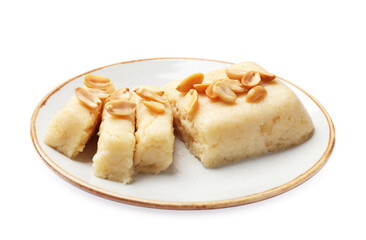 Delicious sweet semolina halva with peanuts isolated on white