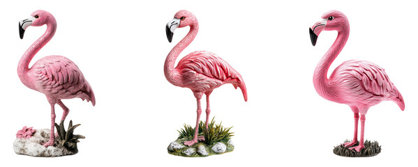 Obraz premium Three pink flamingo figurines isolated on a transparent background
