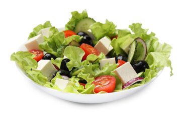 Delicious fresh Greek salad isolated on white