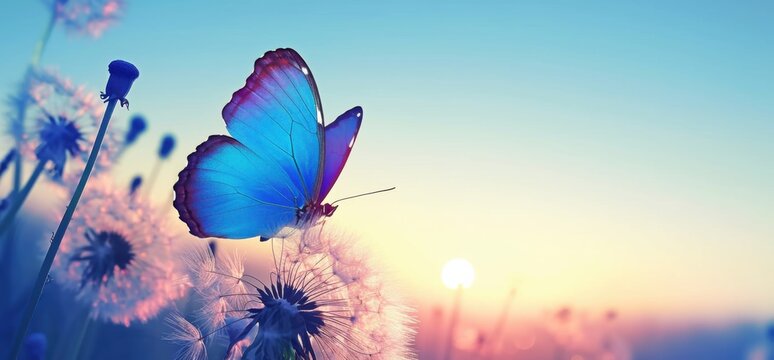 Fototapeta A beautiful blue butterfly on a dandelion, set against the background of a sunset sky. 
