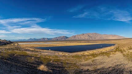 Fototapeta premium Desert solar farm energy production, mountains background