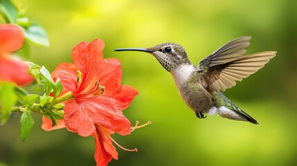 Naklejka premium Close-up of a hummingbird hovering near a vibrant red bloom.