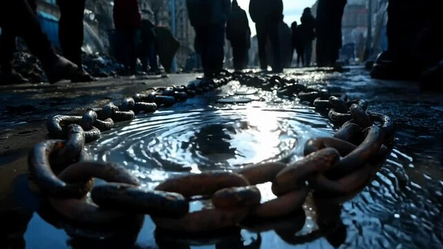 This powerful depiction features broken chains on a wet street, symbolizing liberation. Shadows of individuals loom in the background, enhancing the sense of hope and change in the atmosphere.