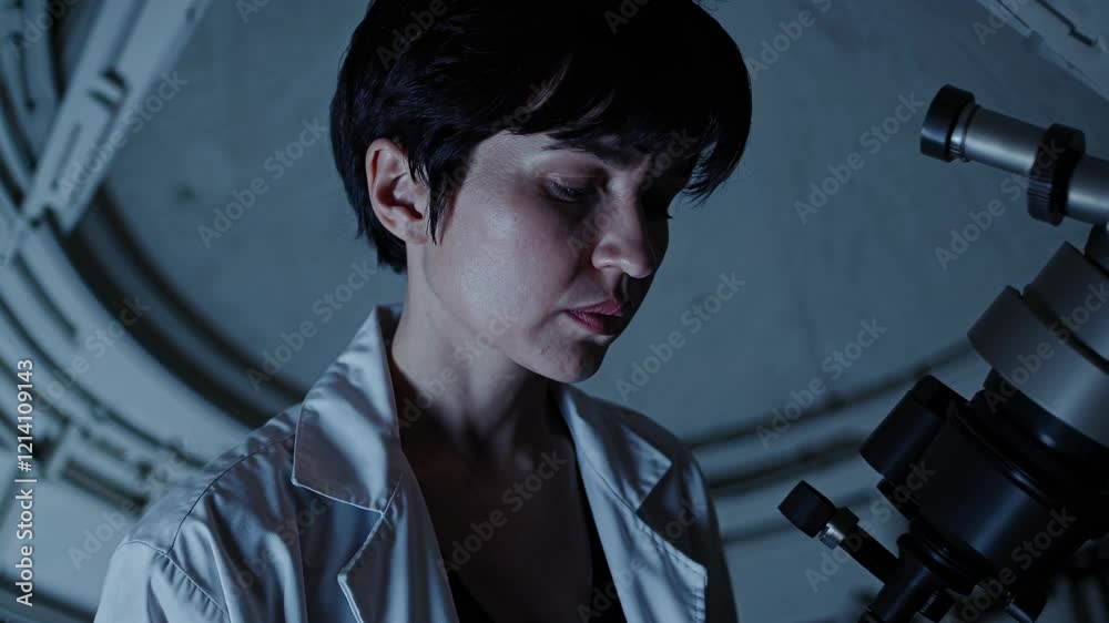 Poster Scientist conducts astronomical observations inside an observatory with a telescope