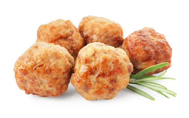 Delicious meatballs and rosemary isolated on white