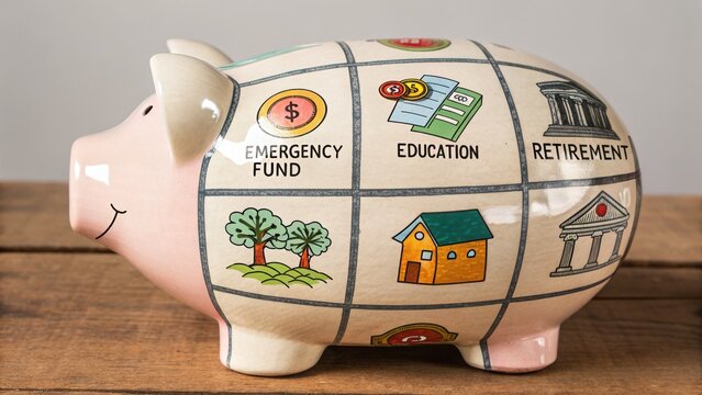 A colorful piggy bank divided into sections representing savings goals like emergency fund, education, and retirement.
