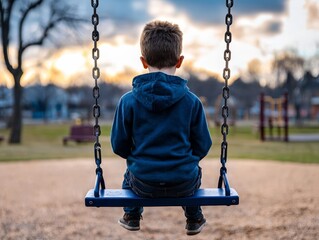 Young child sitting alone on a swing in an empty playground at sunset, surrounded by nature and evoking feelings of solitude and contemplation