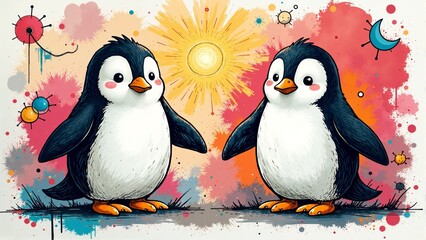 Naklejka premium Charming cartoon penguins enjoying a playful moment on a colorful background