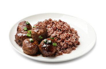 Tasty meatballs with sauce and brown rice isolated on white