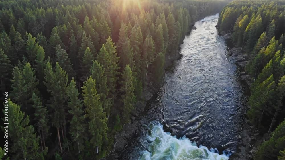 Poster captivating montage of sunlight reflecting on a river surrounded by lush forest in a serene natural 