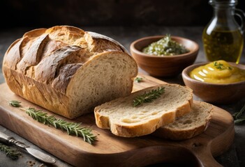 Artisan Crusty Bread Loaf Sliced with Rosemary and Olive Oil Dips