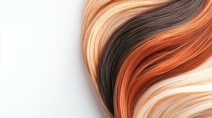 Fototapeta premium Organic haircare for beautiful styling . Textured hair strands in shades of brown and copper on a white background.
