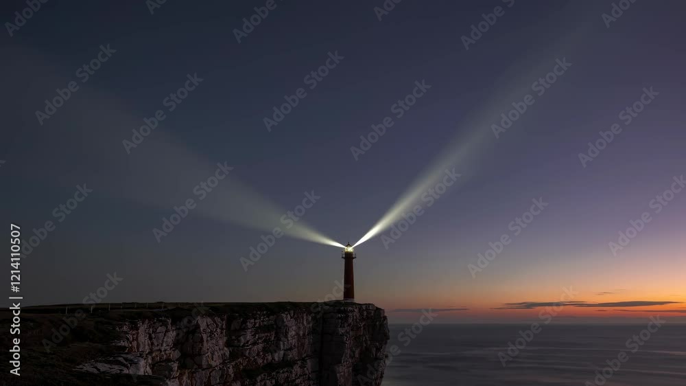Poster lighthouse beams shine over the ocean at dusk in a tranquil coastal setting